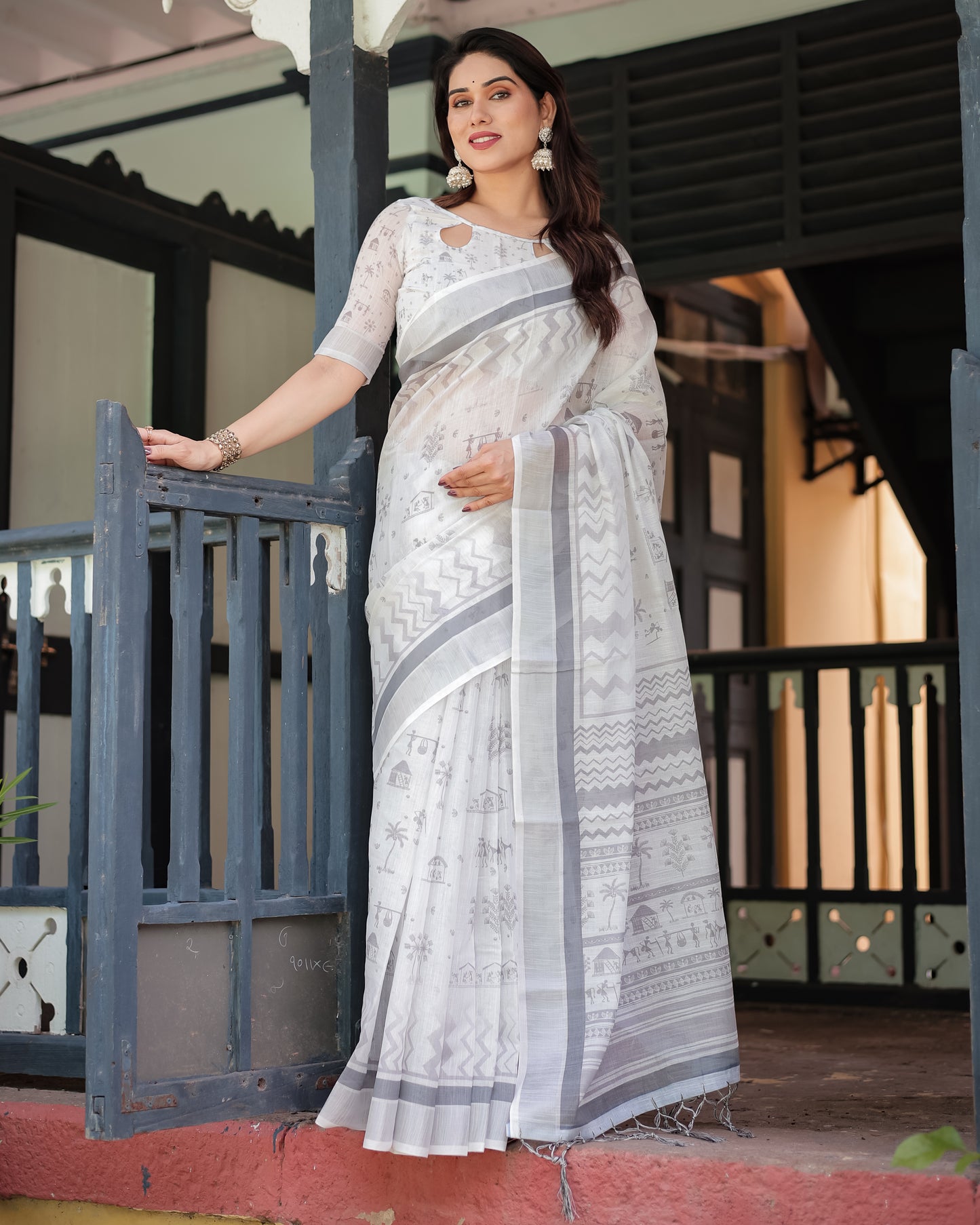 Sophisticated White & Grey Linen Cotton Saree with Warli Tribal Print