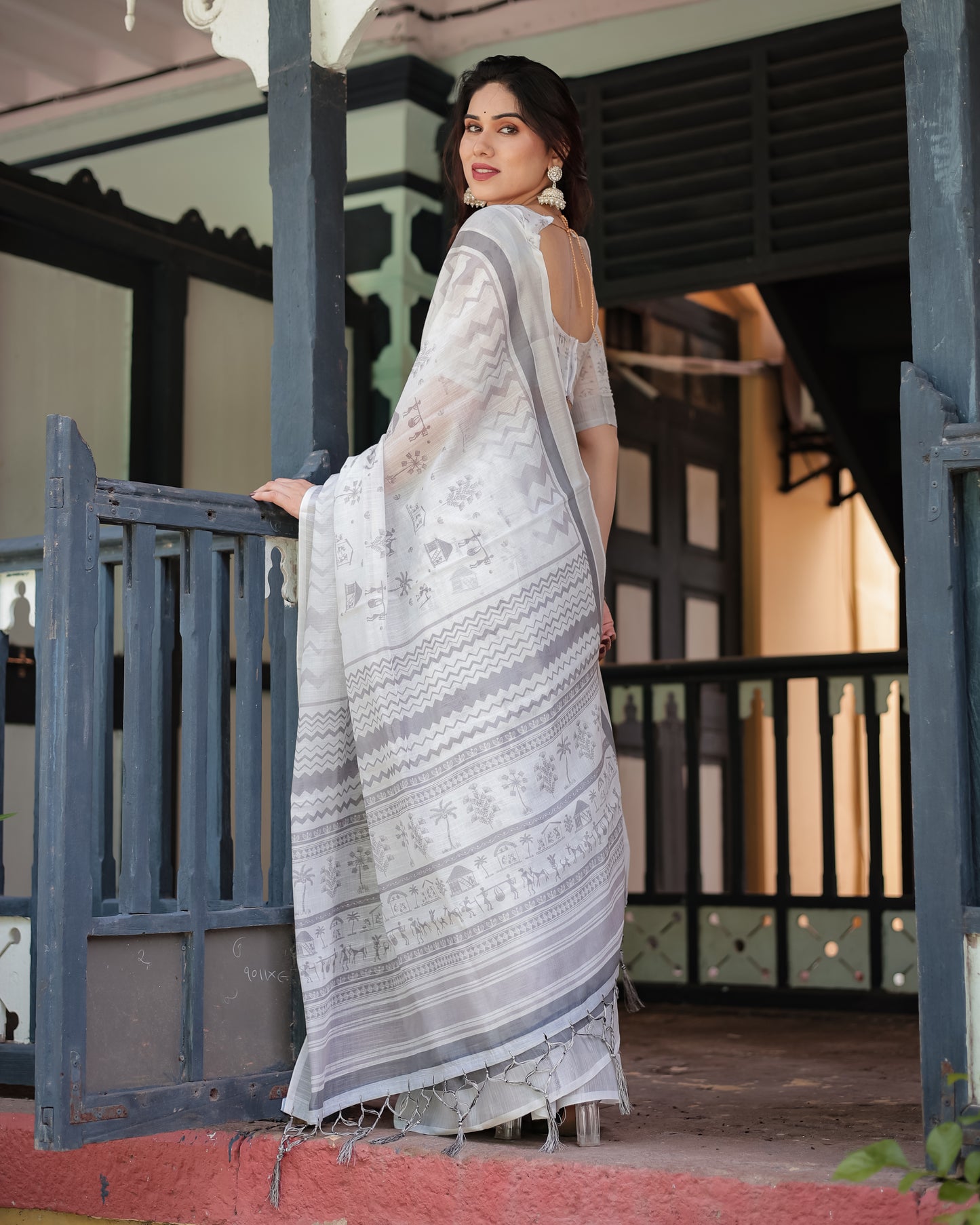 Sophisticated White & Grey Linen Cotton Saree with Warli Tribal Print