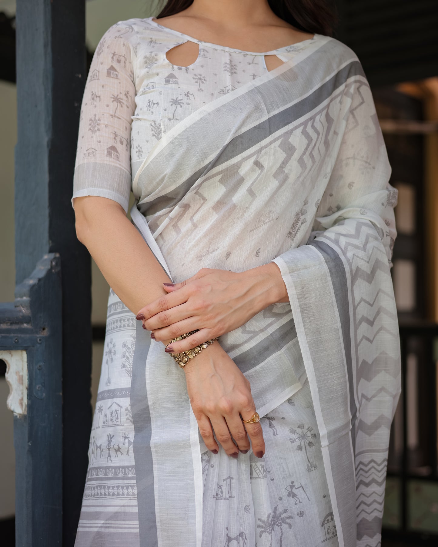 Sophisticated White & Grey Linen Cotton Saree with Warli Tribal Print