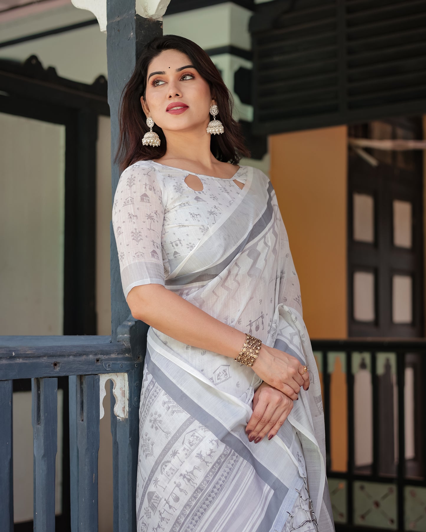 Sophisticated White & Grey Linen Cotton Saree with Warli Tribal Print