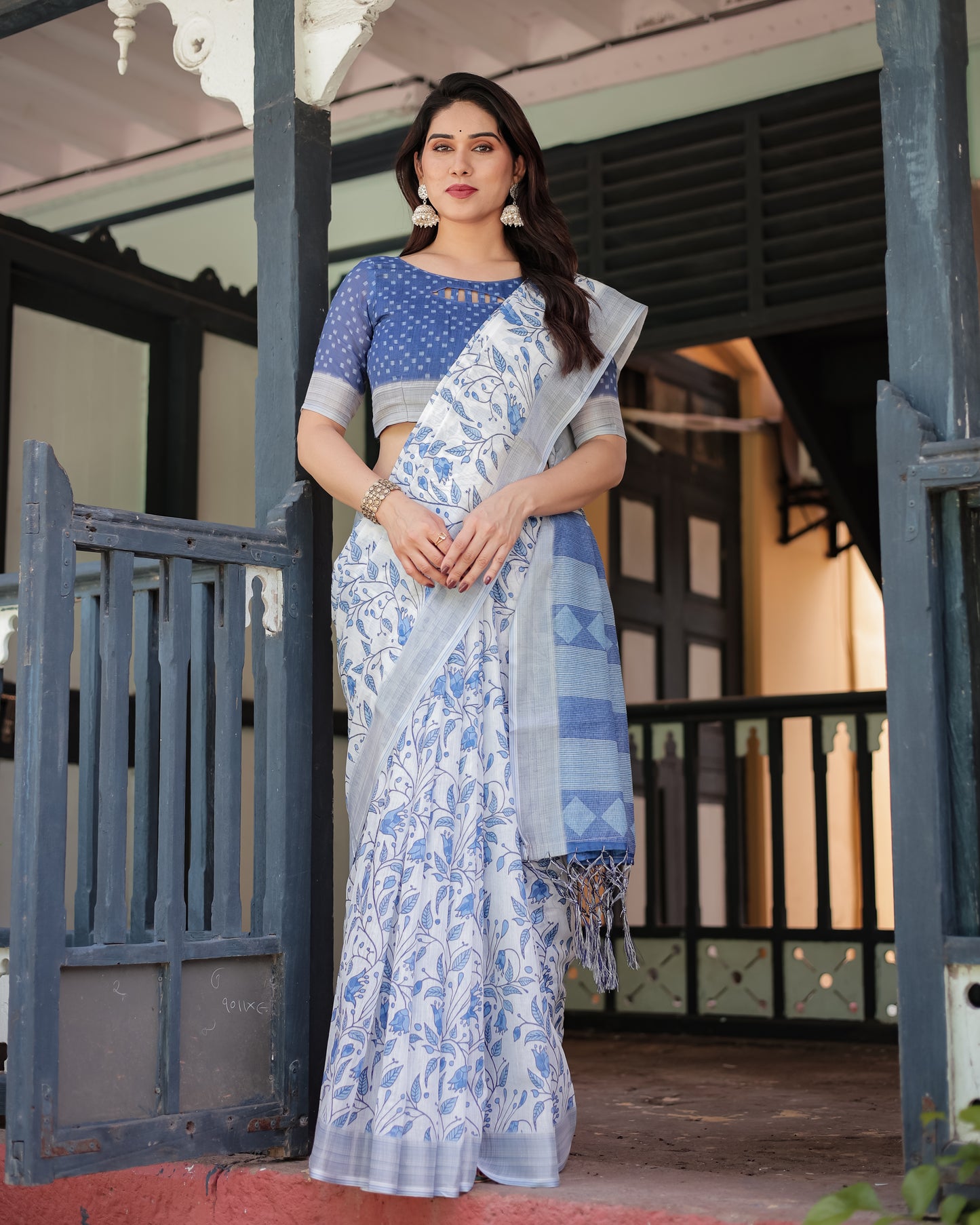 Refreshing White & Blue Linen Cotton Saree with Floral Vine Print