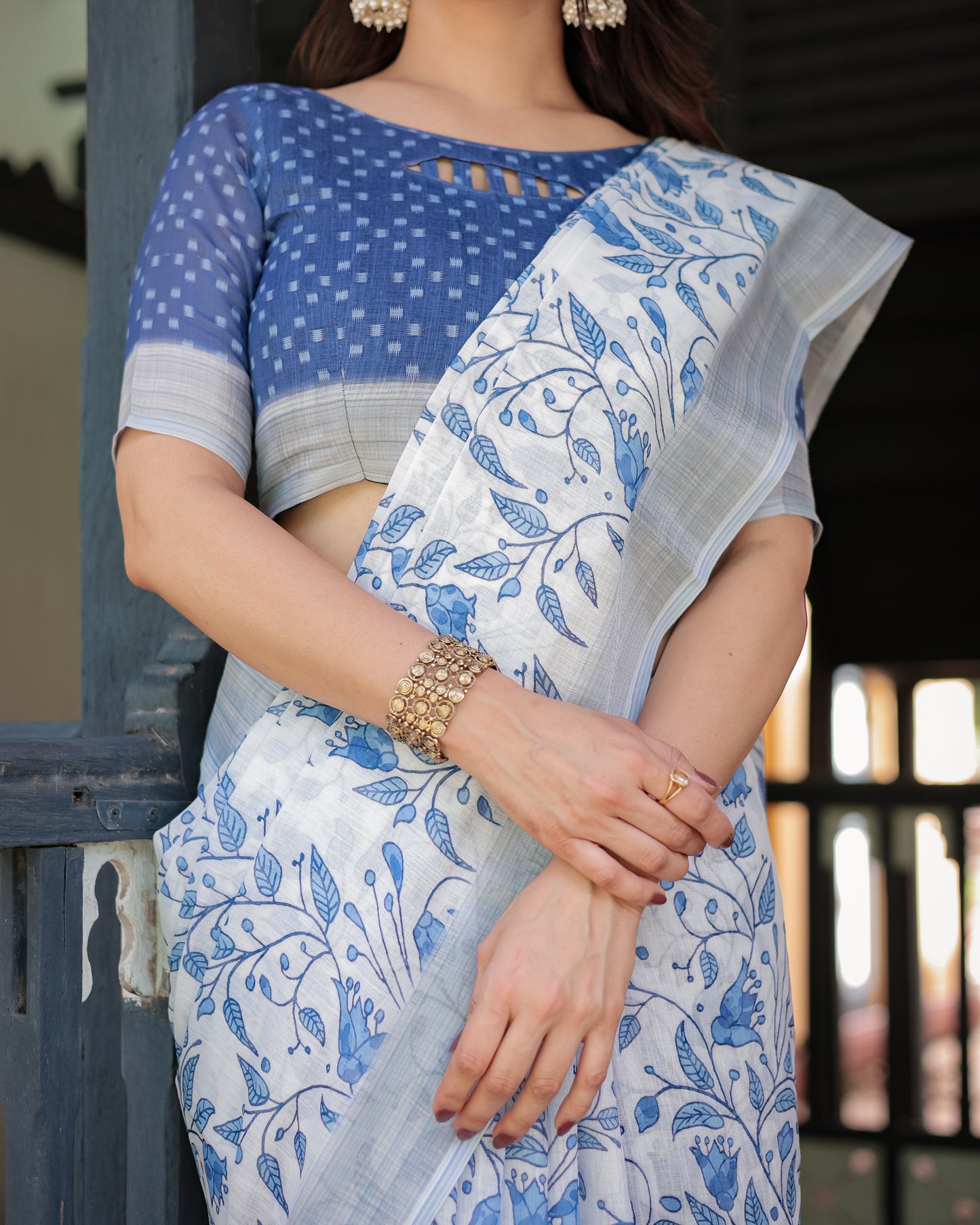 Refreshing White & Blue Linen Cotton Saree with Floral Vine Print