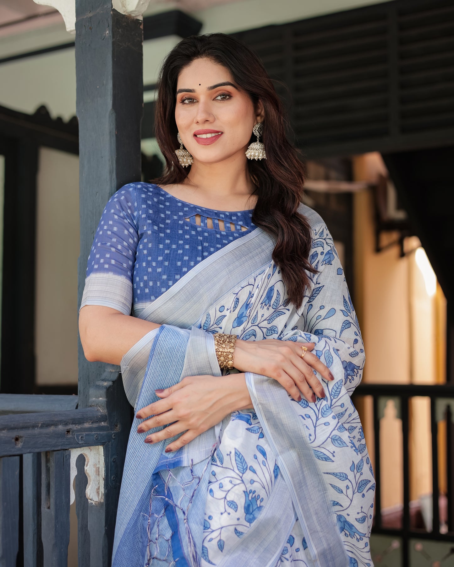 Refreshing White & Blue Linen Cotton Saree with Floral Vine Print