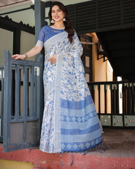 Refreshing White & Blue Linen Cotton Saree with Floral Vine Print