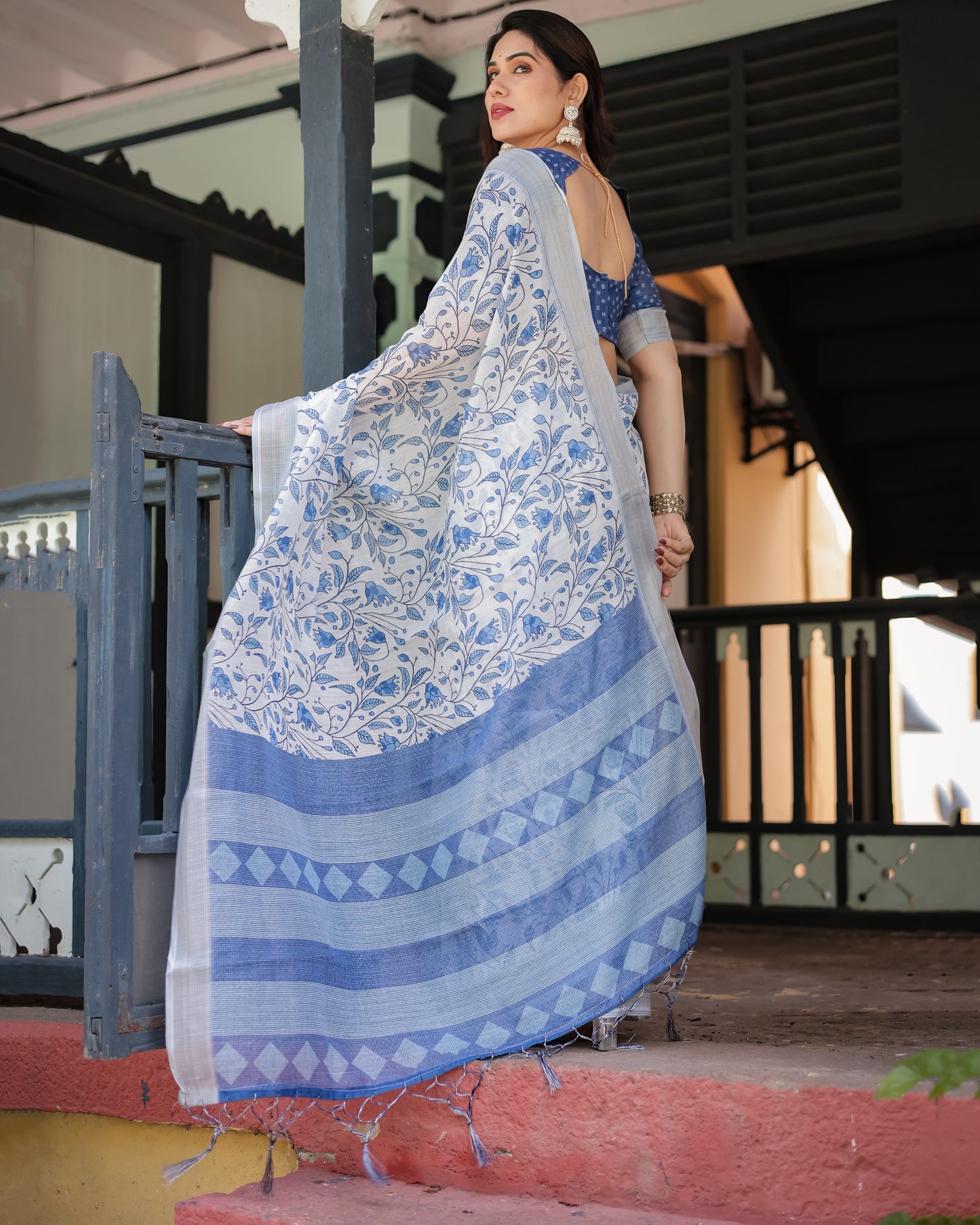 Refreshing White & Blue Linen Cotton Saree with Floral Vine Print