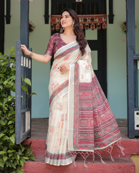 Elegant Off-White Linen Cotton Saree with Wine Tribal Geometric Print