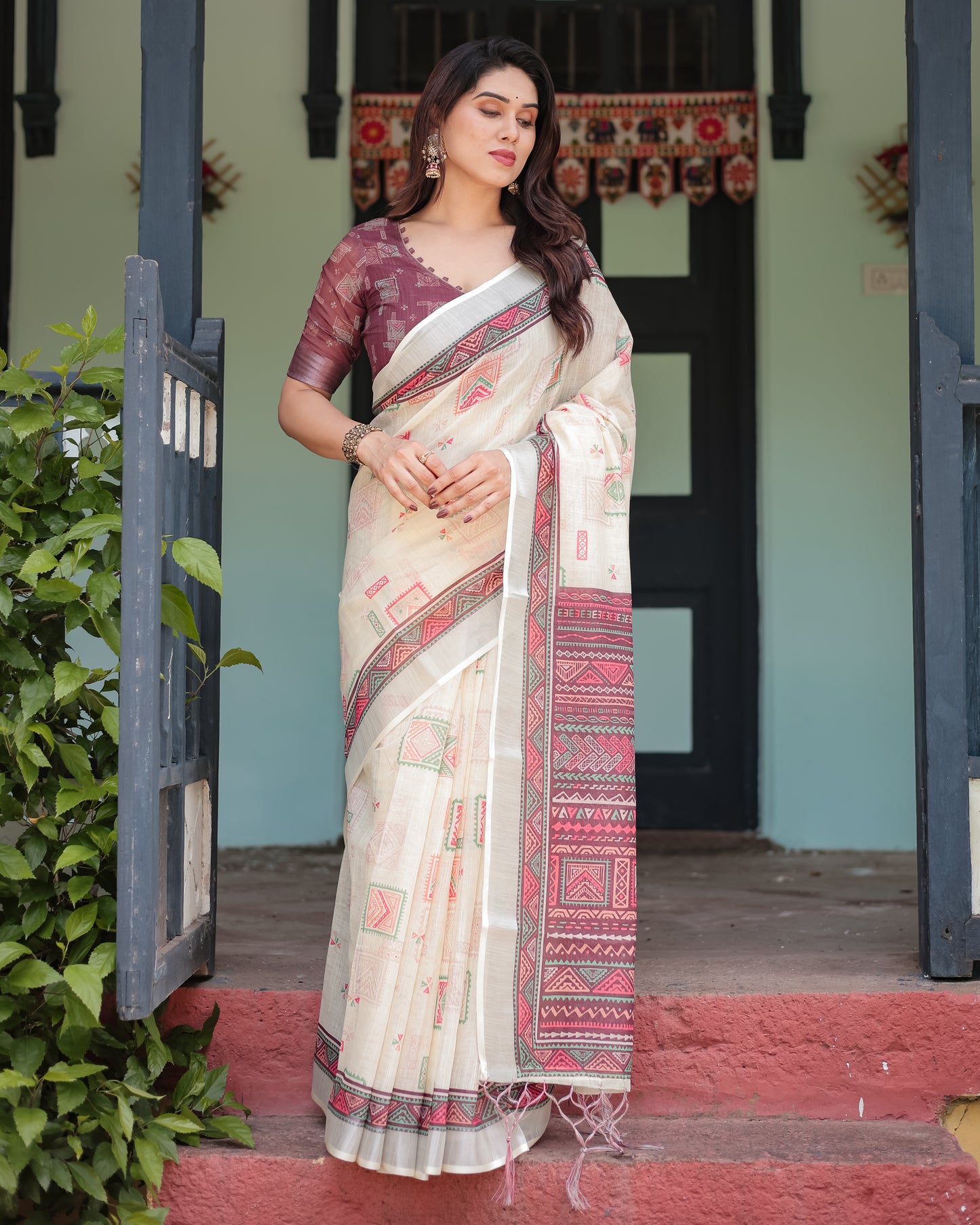 Elegant Off-White Linen Cotton Saree with Wine Tribal Geometric Print
