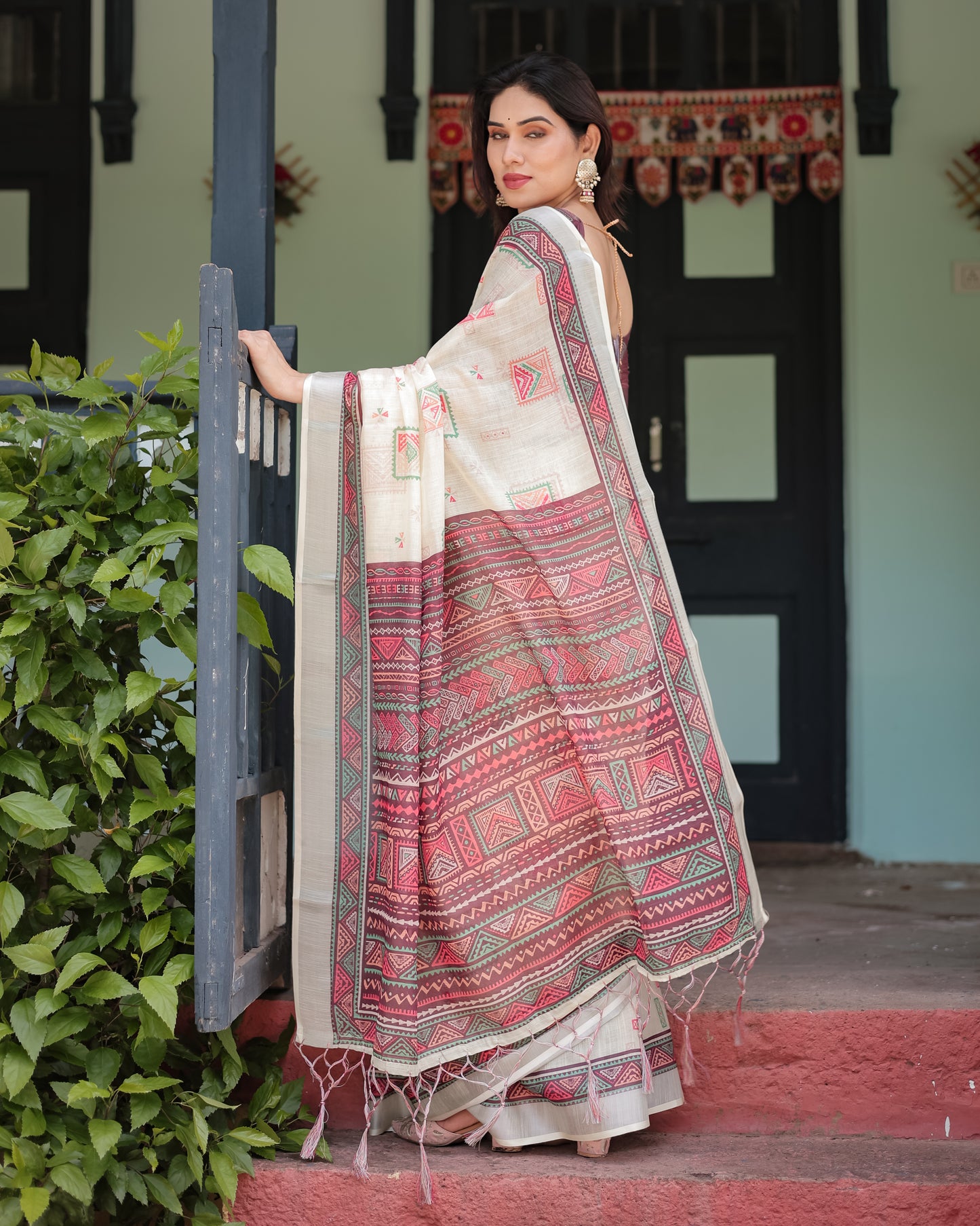 Elegant Off-White Linen Cotton Saree with Wine Tribal Geometric Print