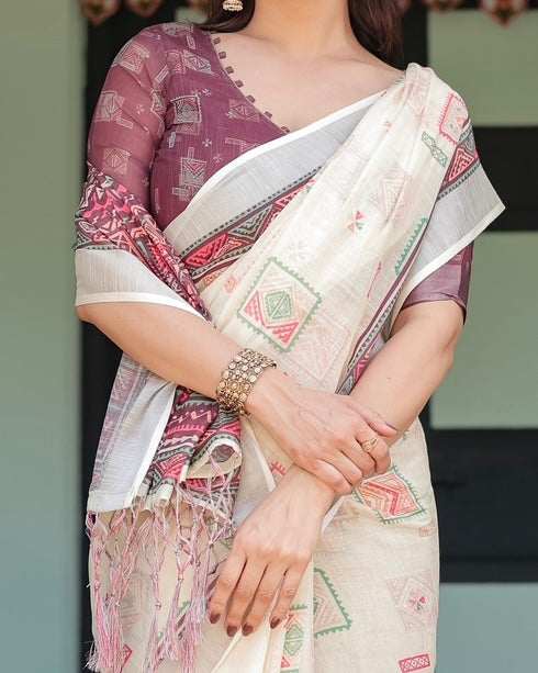 Elegant Off-White Linen Cotton Saree with Wine Tribal Geometric Print