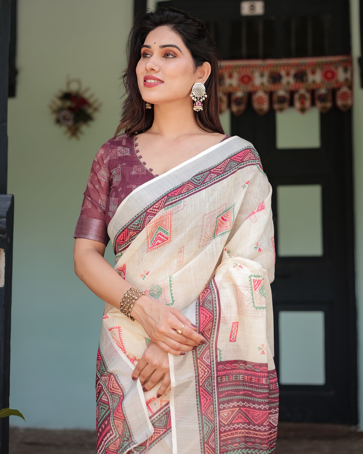 Elegant Off-White Linen Cotton Saree with Wine Tribal Geometric Print