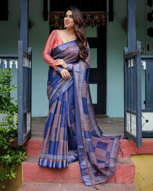 Deep Sapphire Blue Geometric Woven Linen Cotton Saree