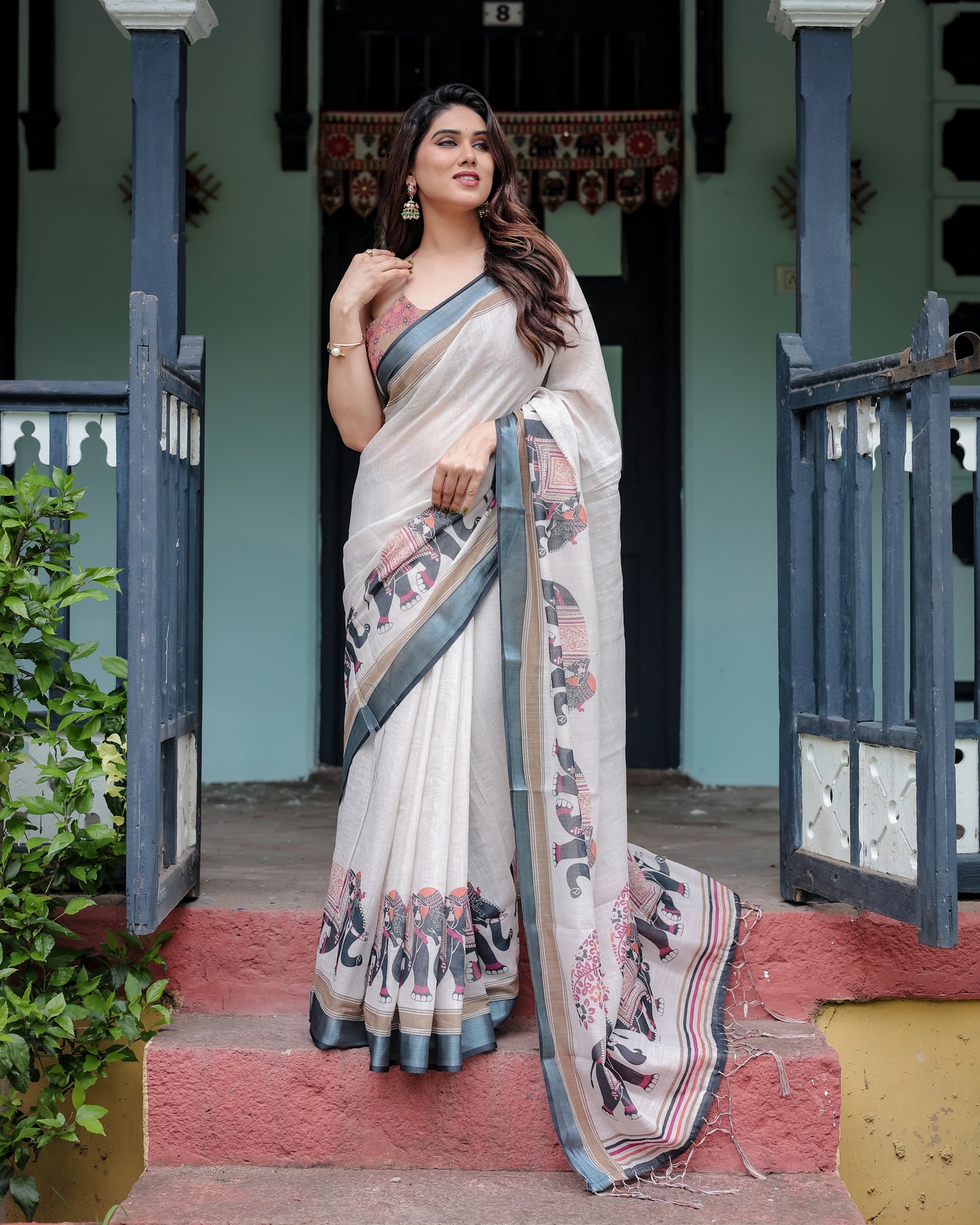 Traditional Off-White Linen Cotton Saree with Elephant Print