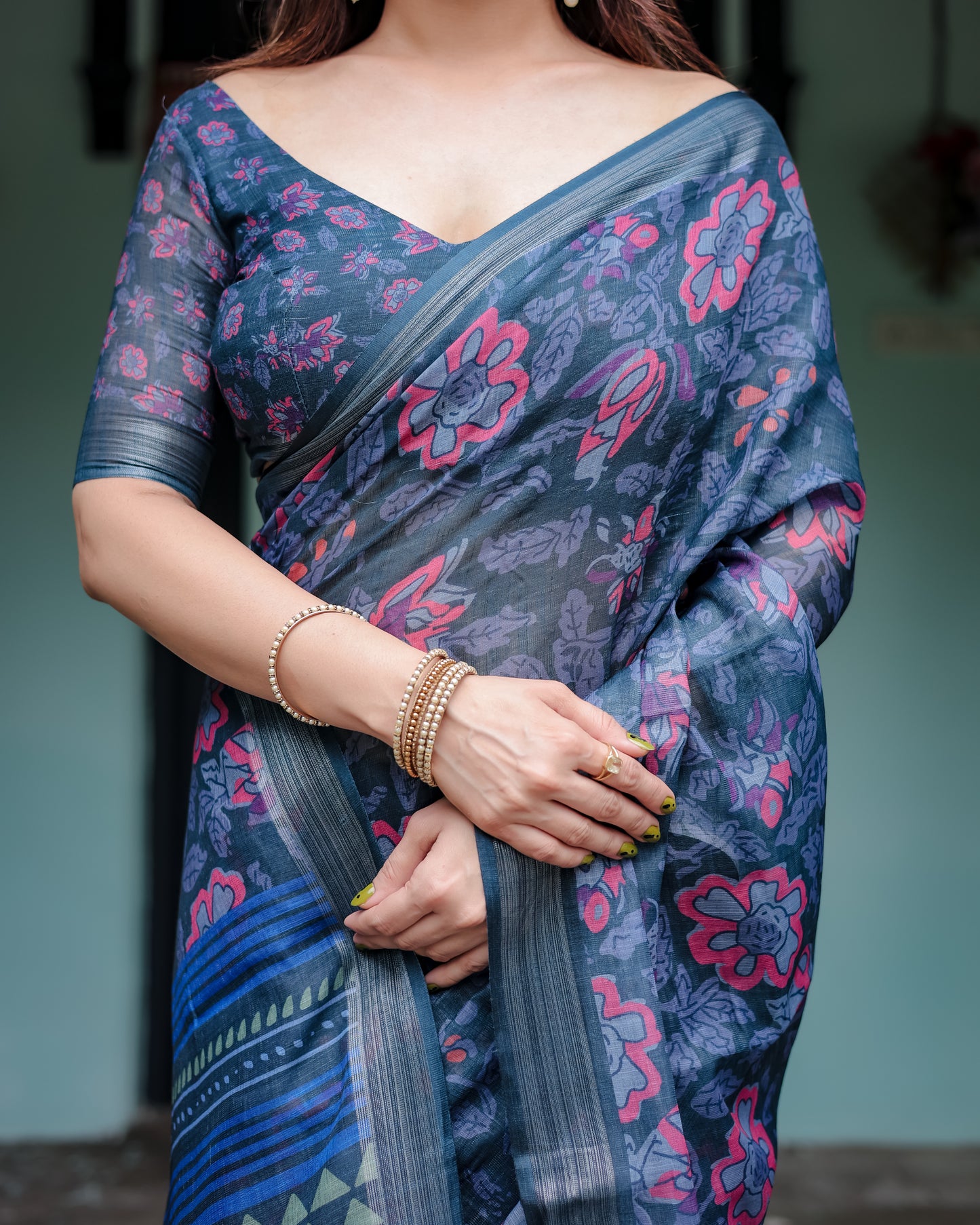 Indigo Bloom Linen Cotton Saree