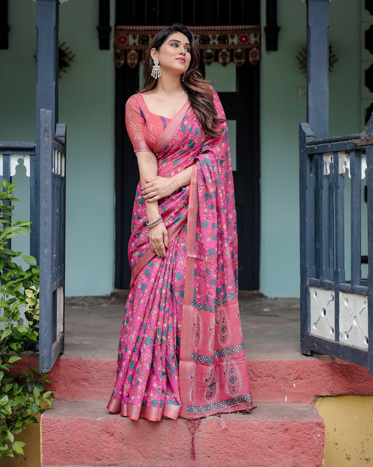 Pink Floral Charm Linen Cotton Saree