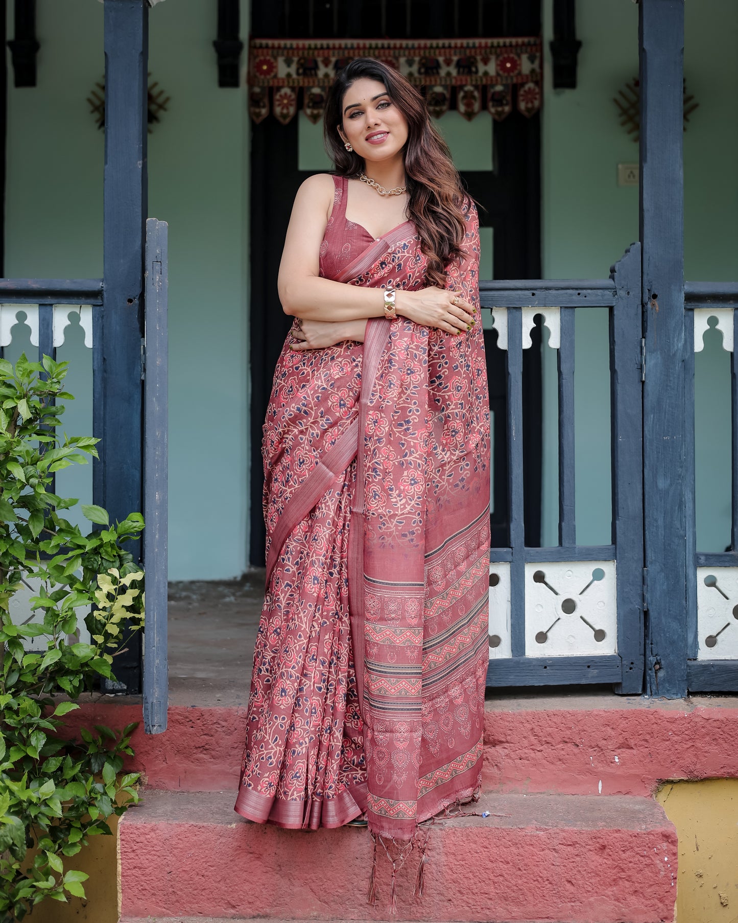 Maroon Heritage Linen Cotton Saree