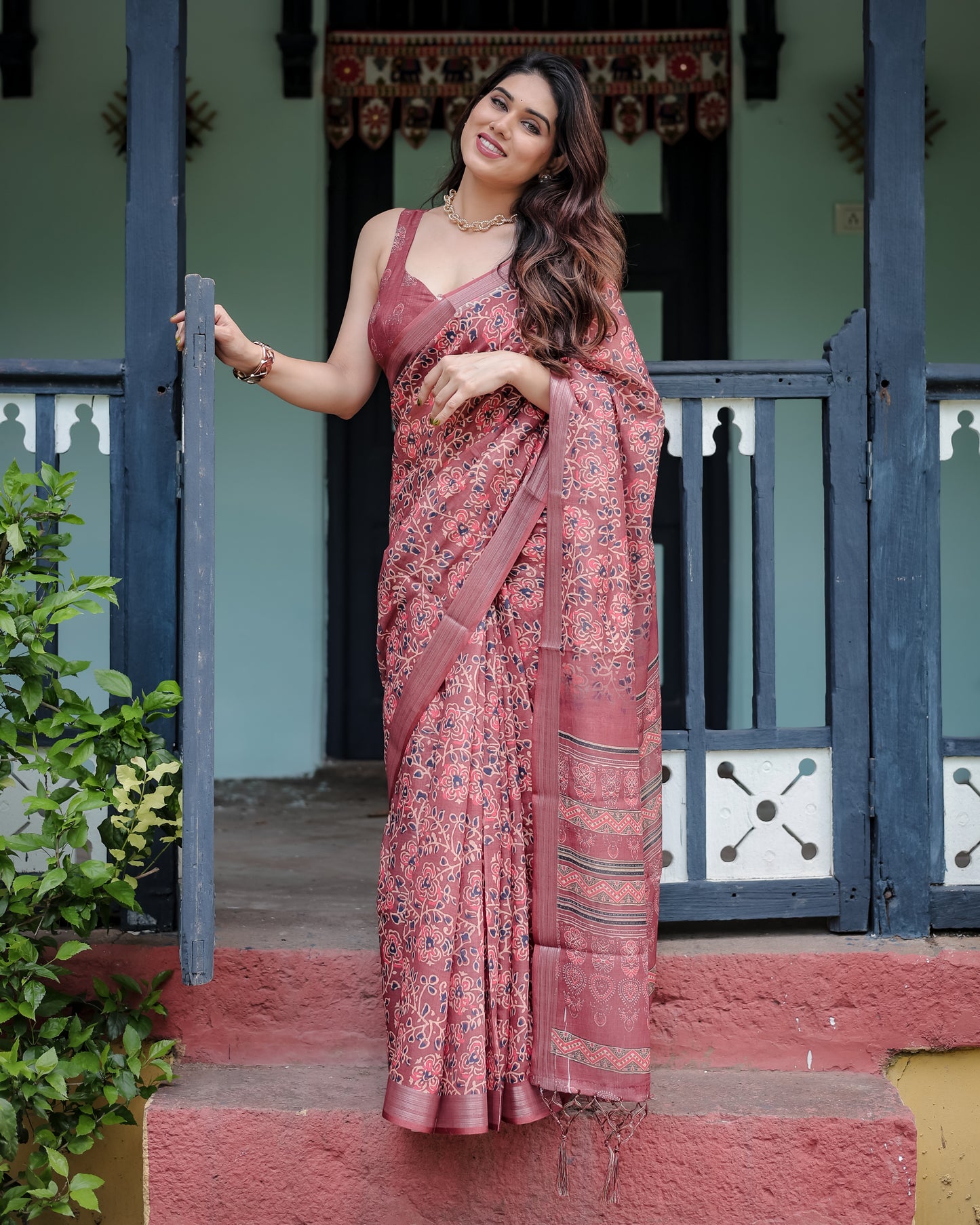 Maroon Heritage Linen Cotton Saree