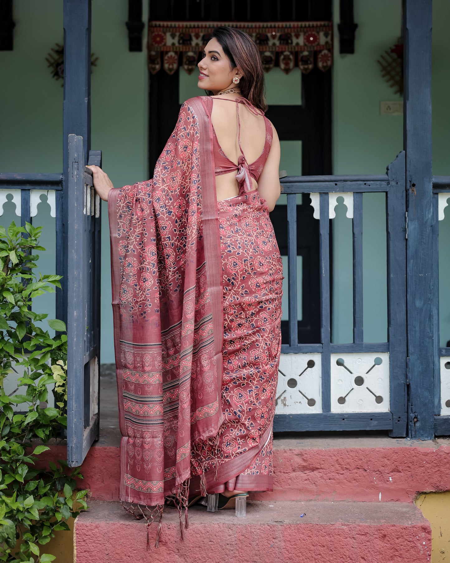 Maroon Heritage Linen Cotton Saree