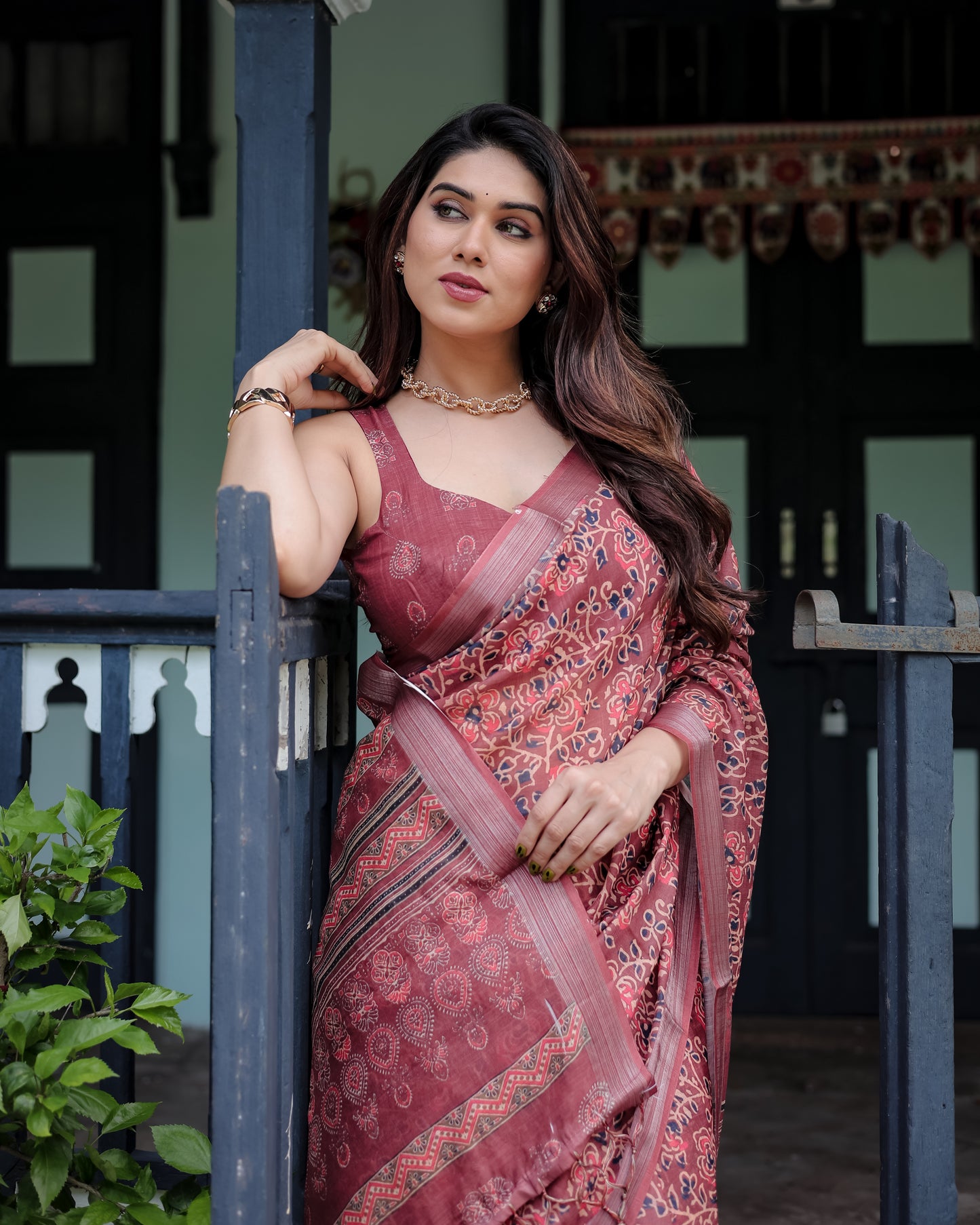 Maroon Heritage Linen Cotton Saree