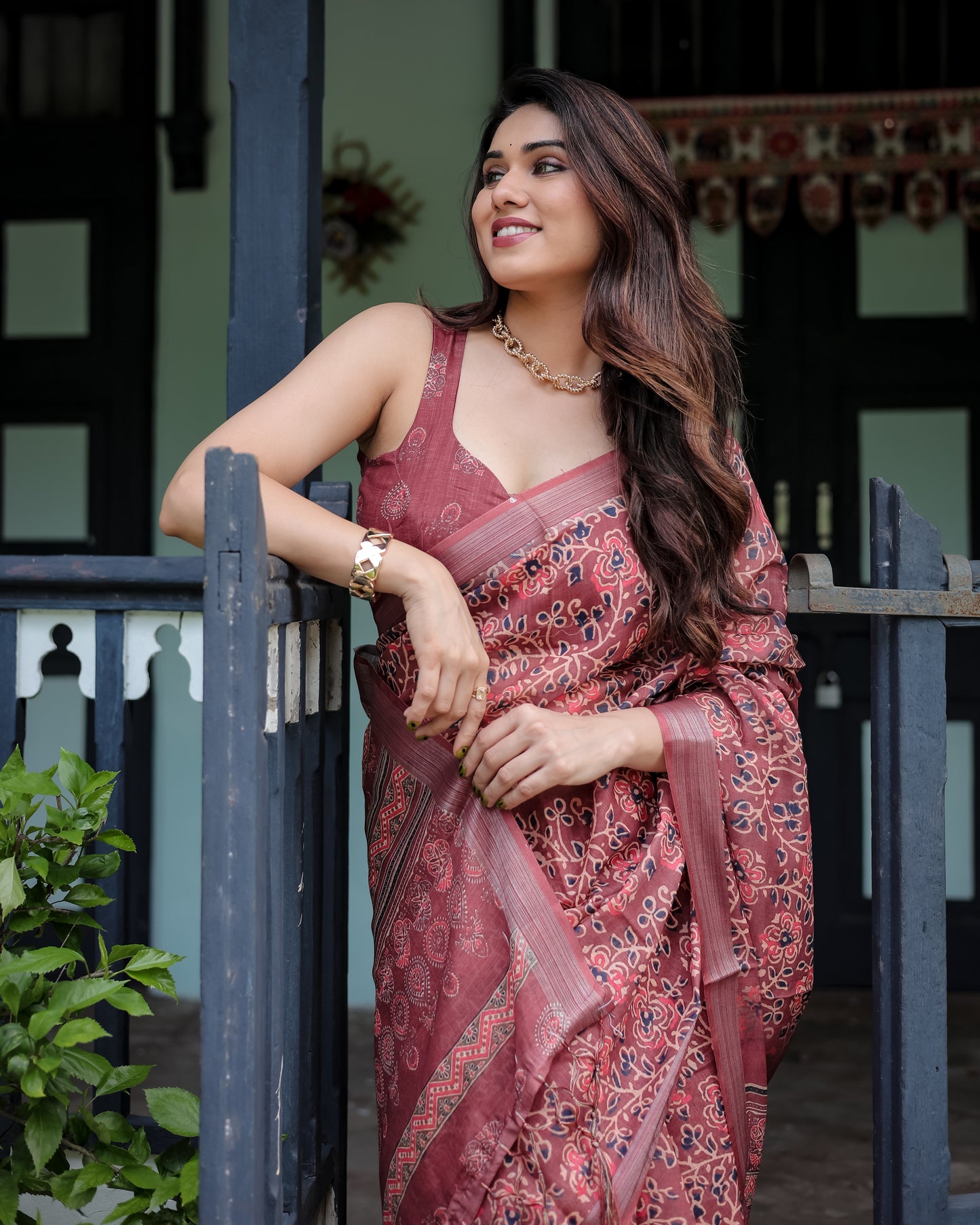 Maroon Heritage Linen Cotton Saree