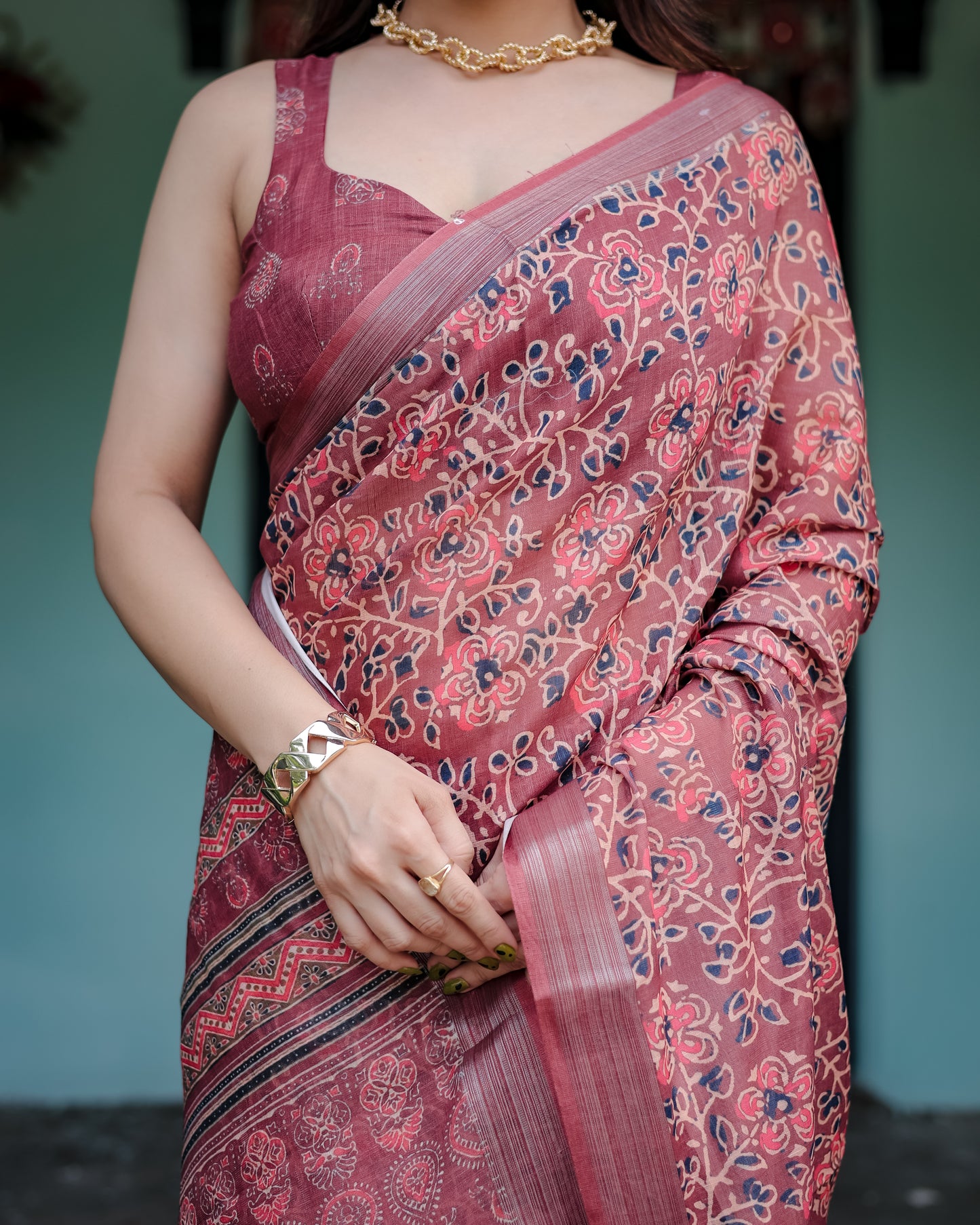 Maroon Heritage Linen Cotton Saree