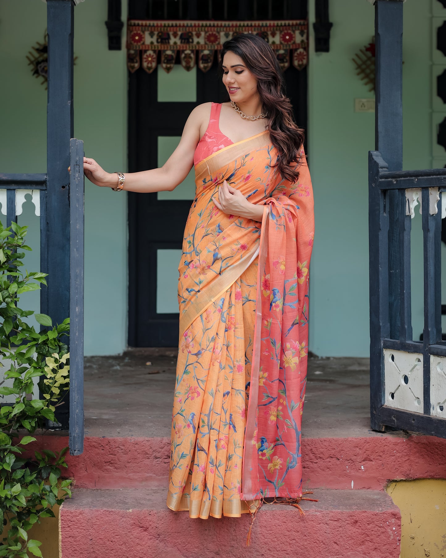 Peach Blossom Linen Cotton Saree
