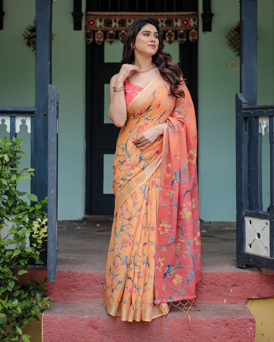 Peach Blossom Linen Cotton Saree