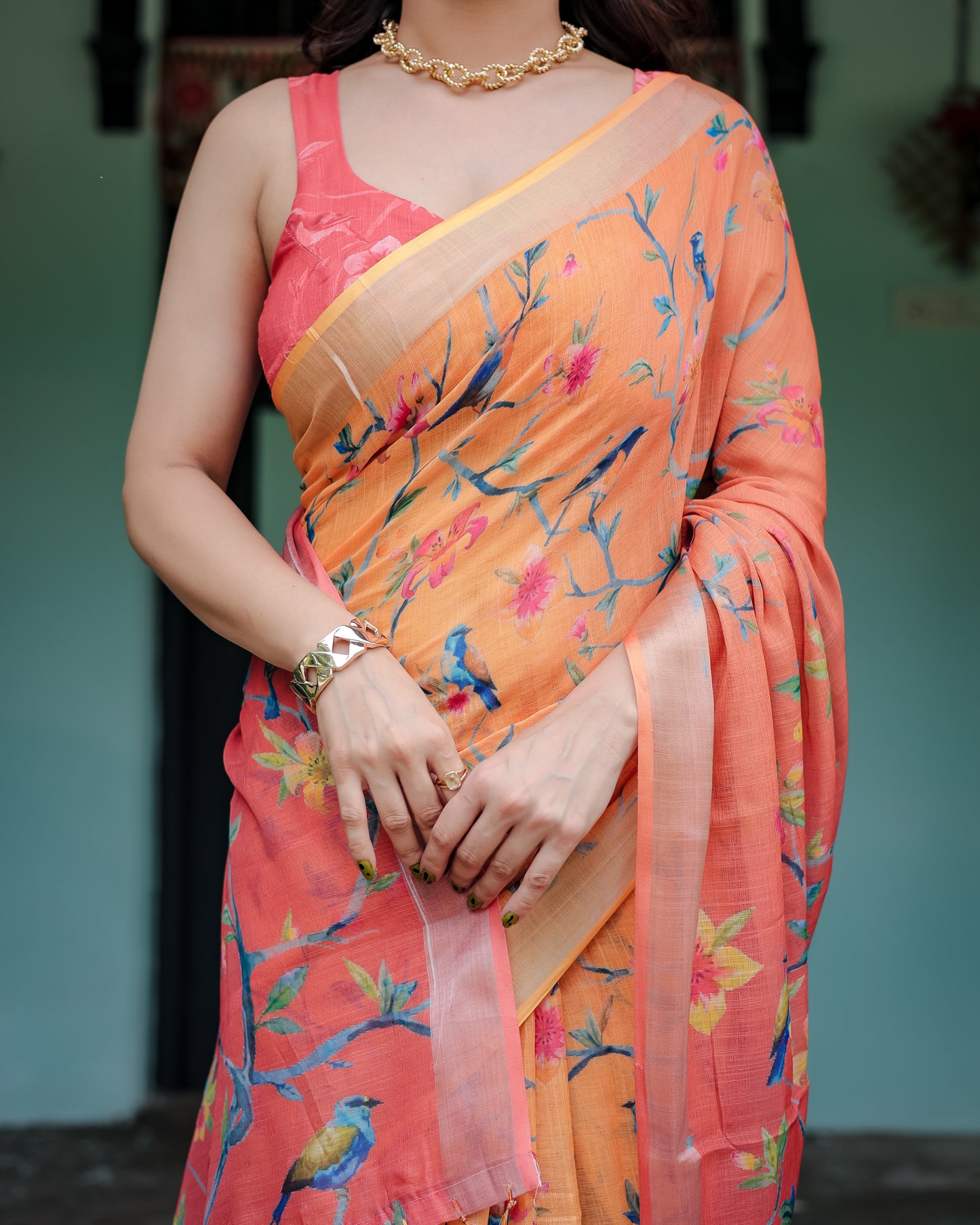 Peach Blossom Linen Cotton Saree