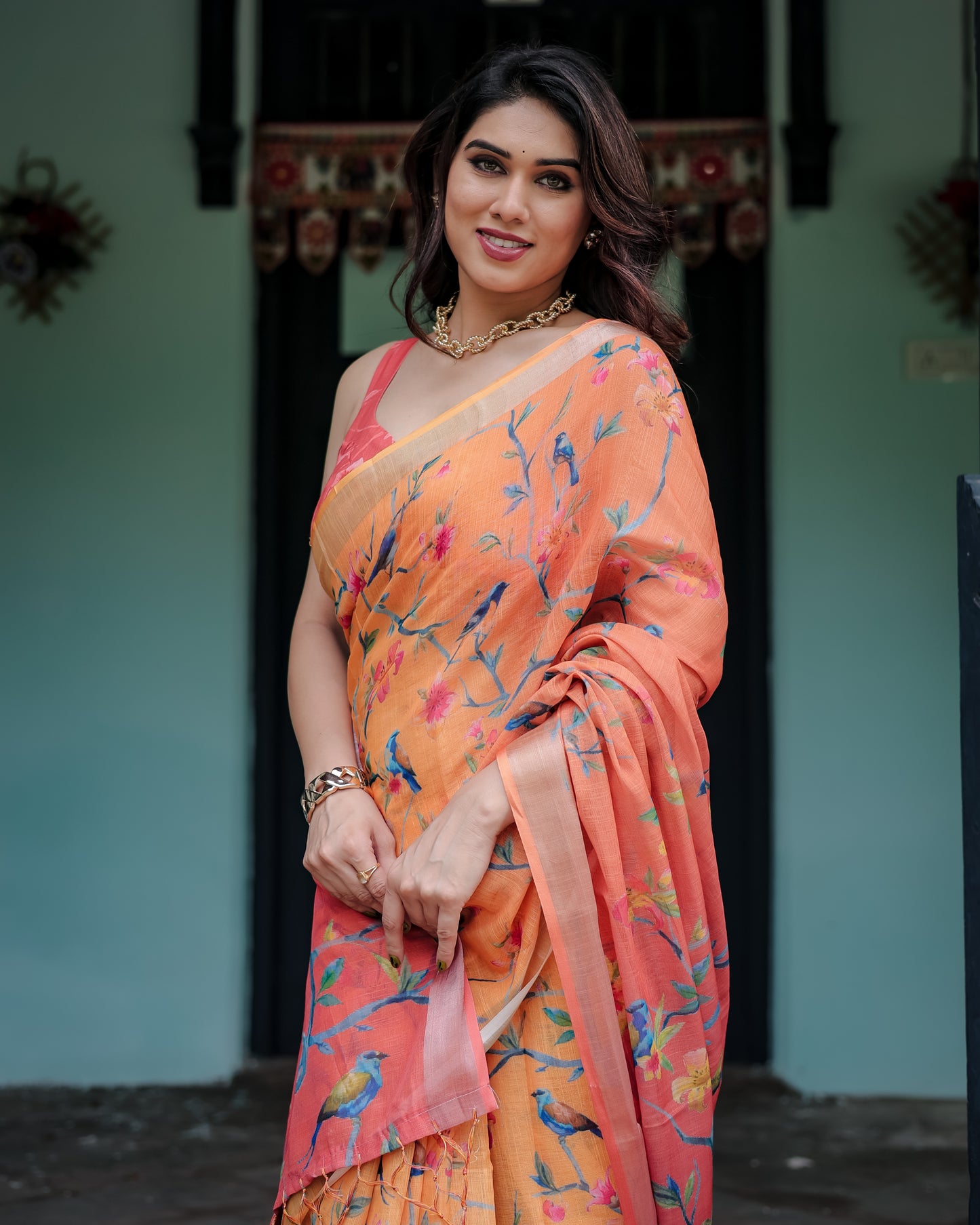 Peach Blossom Linen Cotton Saree