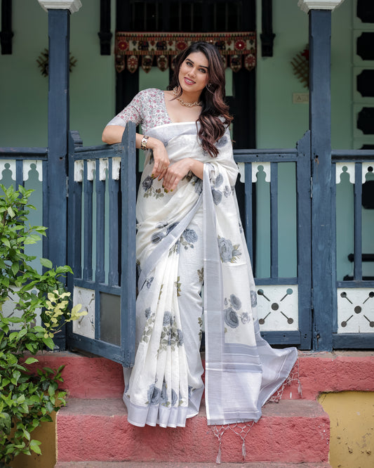 Elegant Floral Printed Linen Cotton Saree