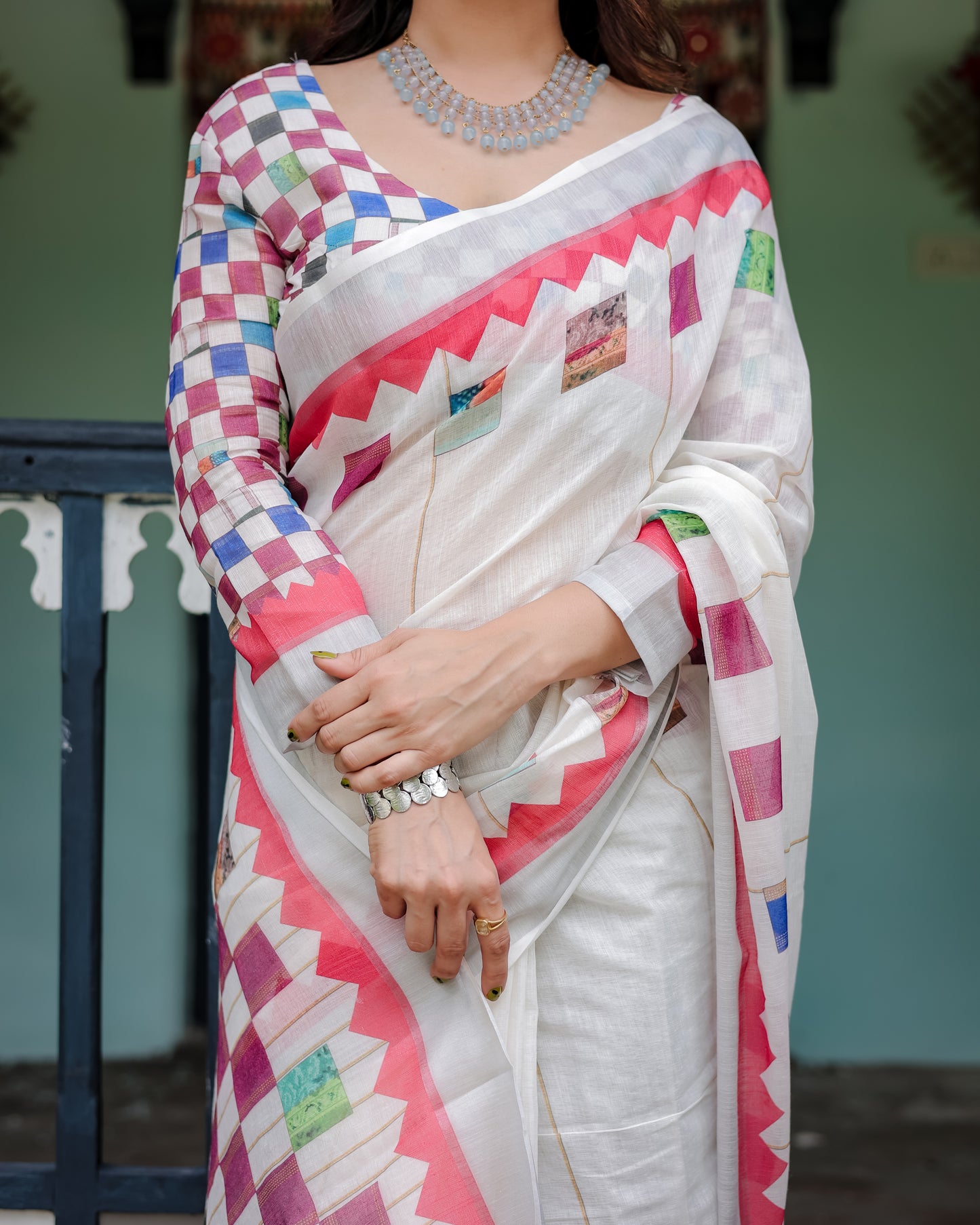 Ivory Patchwork Linen Cotton Saree