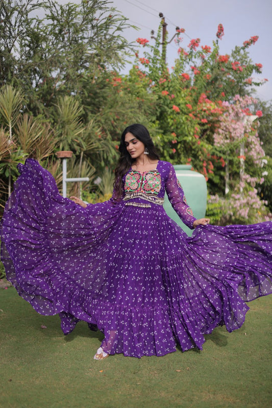 Women’s Navratri Special Designer Gown with Traditional Kutchi Work, Bandhani Print & Flared Silhouette