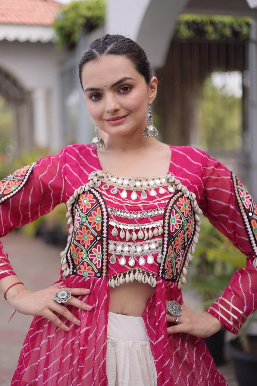 Traditional Kutchi Work Crop Top with Long Shrug and Flared Chaniya Lehenga for Garba & Dandiya