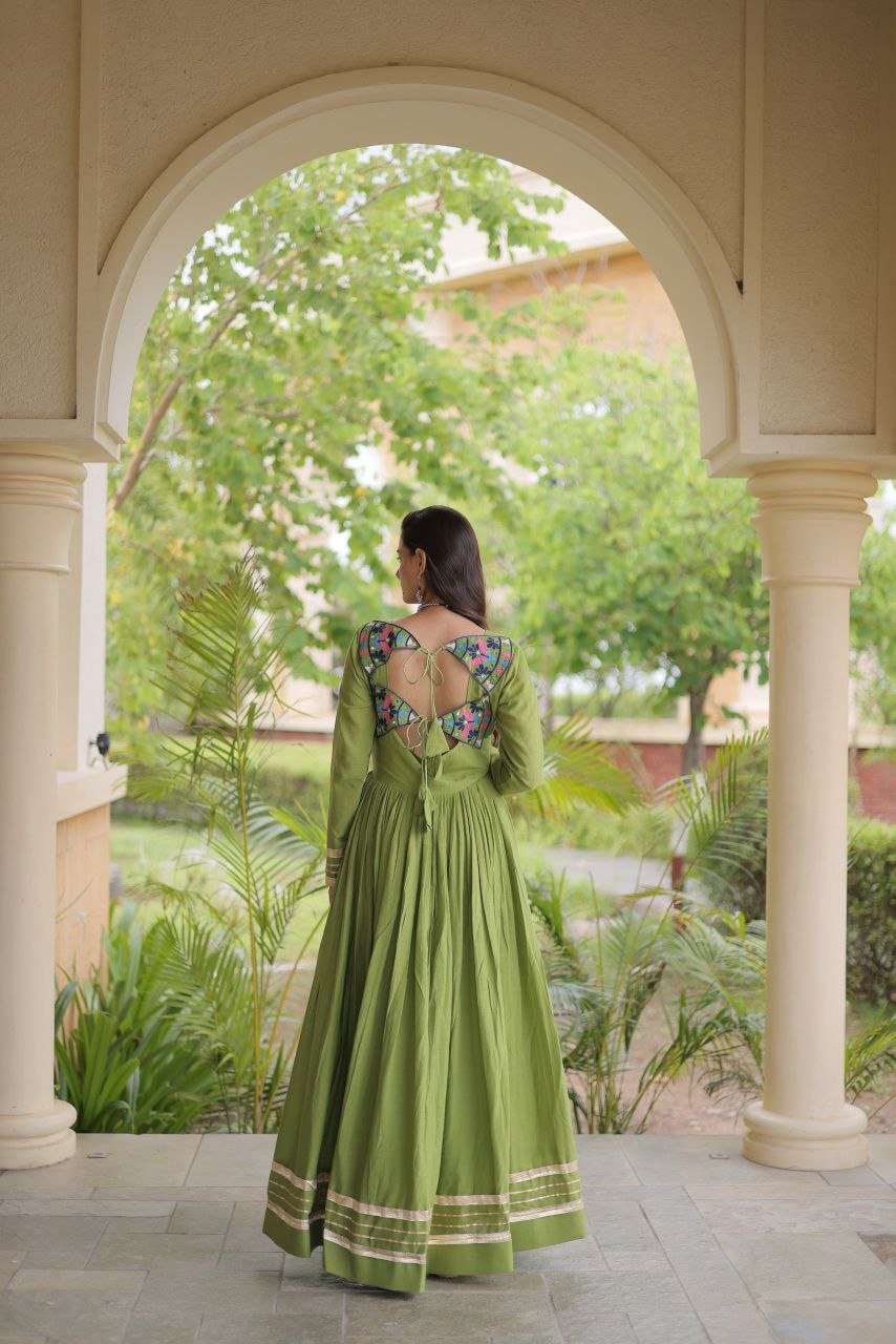Women’s Navratri Special Multi-Thread Embroidered Gota Patti & Real Mirror Work Flared Gown