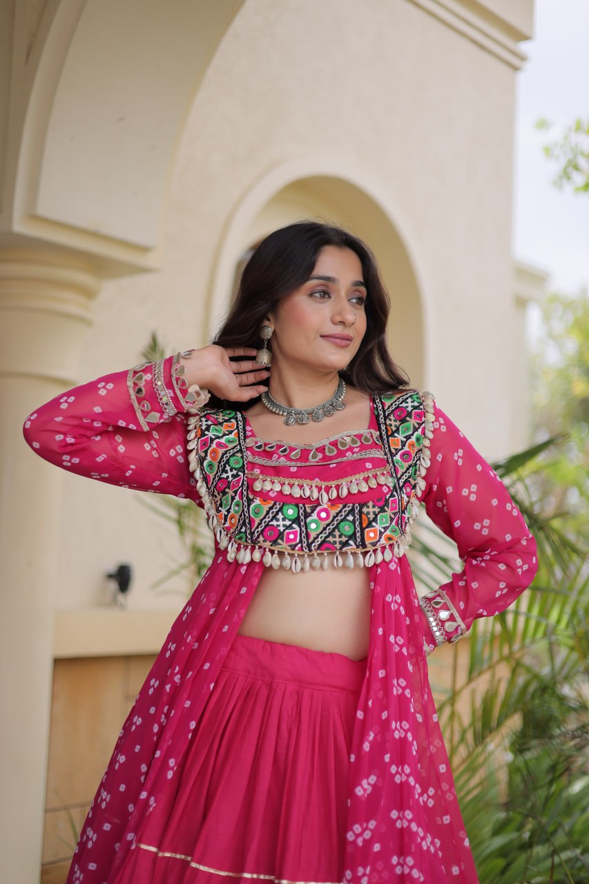 Festive Gujarati Bandhani Lehenga Choli with Traditional Kutchi Patchwork