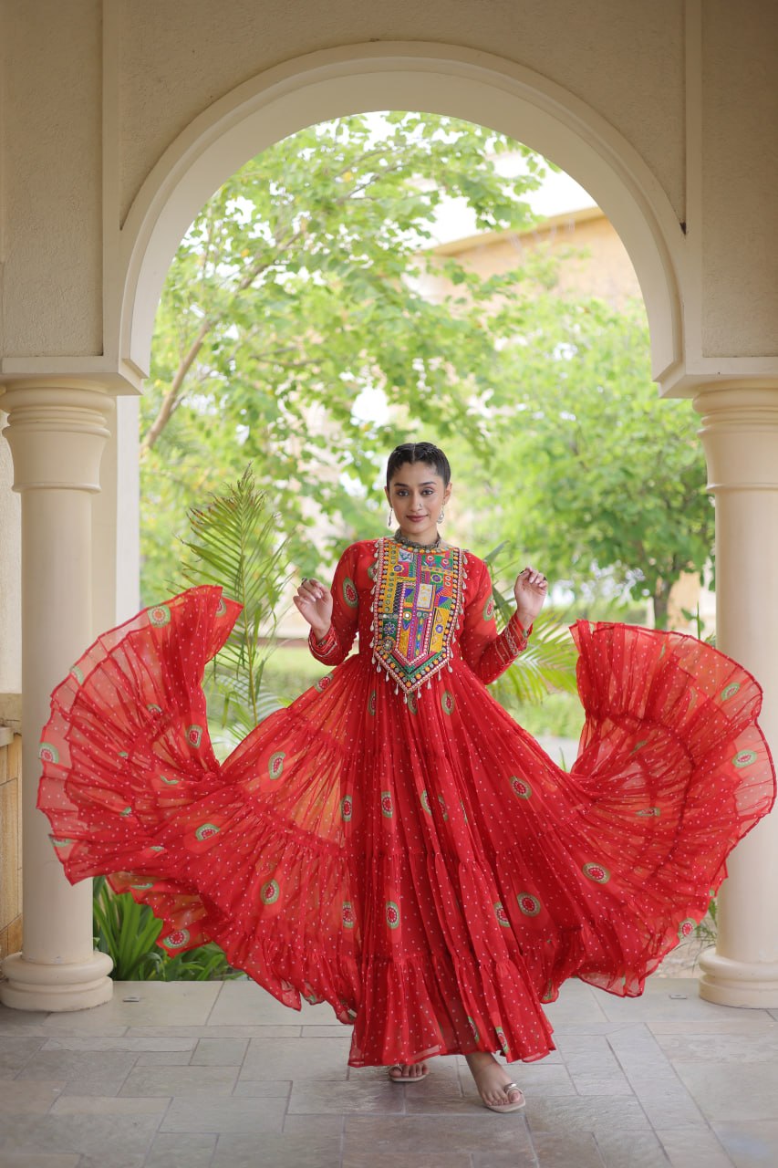 Women’s Navratri Special Bandhani Print Gown with Kutchi Patchwork – 12 Meter Flared Faux Georgette Gown