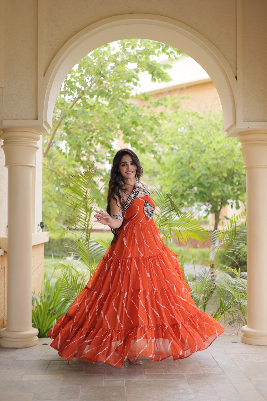 Women’s Navratri Special Bandhani Gown with Traditional Kutchi Work, Embroidered Bodice & Heavy Flared Skirt