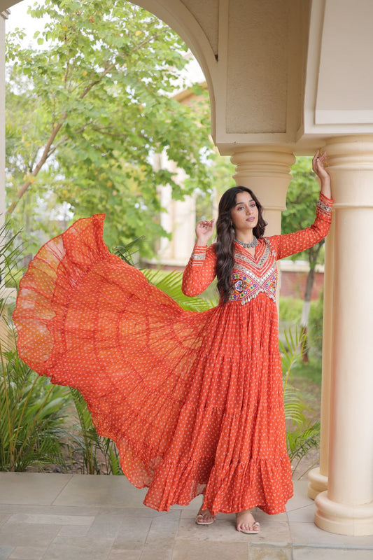 Navratri Special Bandhani Kutchi Work Gown – Heavy Flare