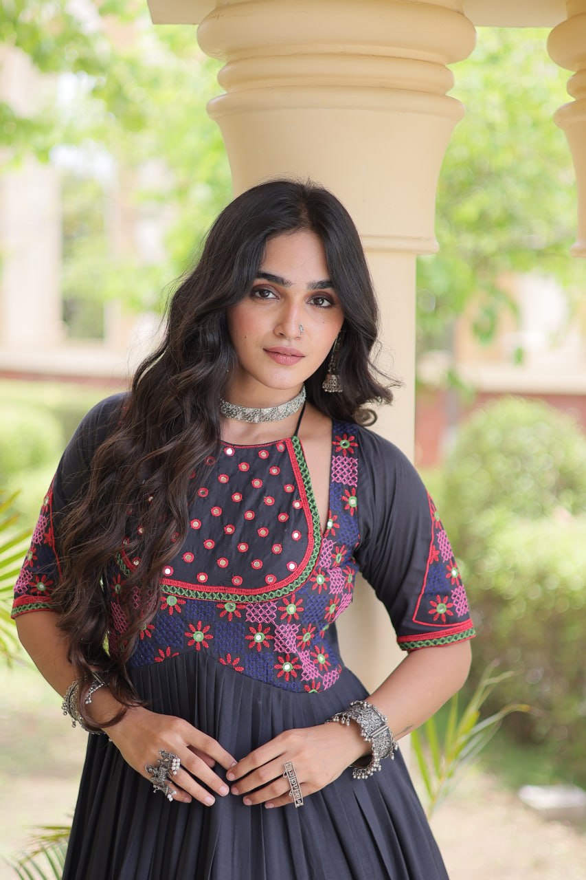 Designer Ethnic Kora Cotton Gown with Mirror Work & 12 Meter Flared Silhouette