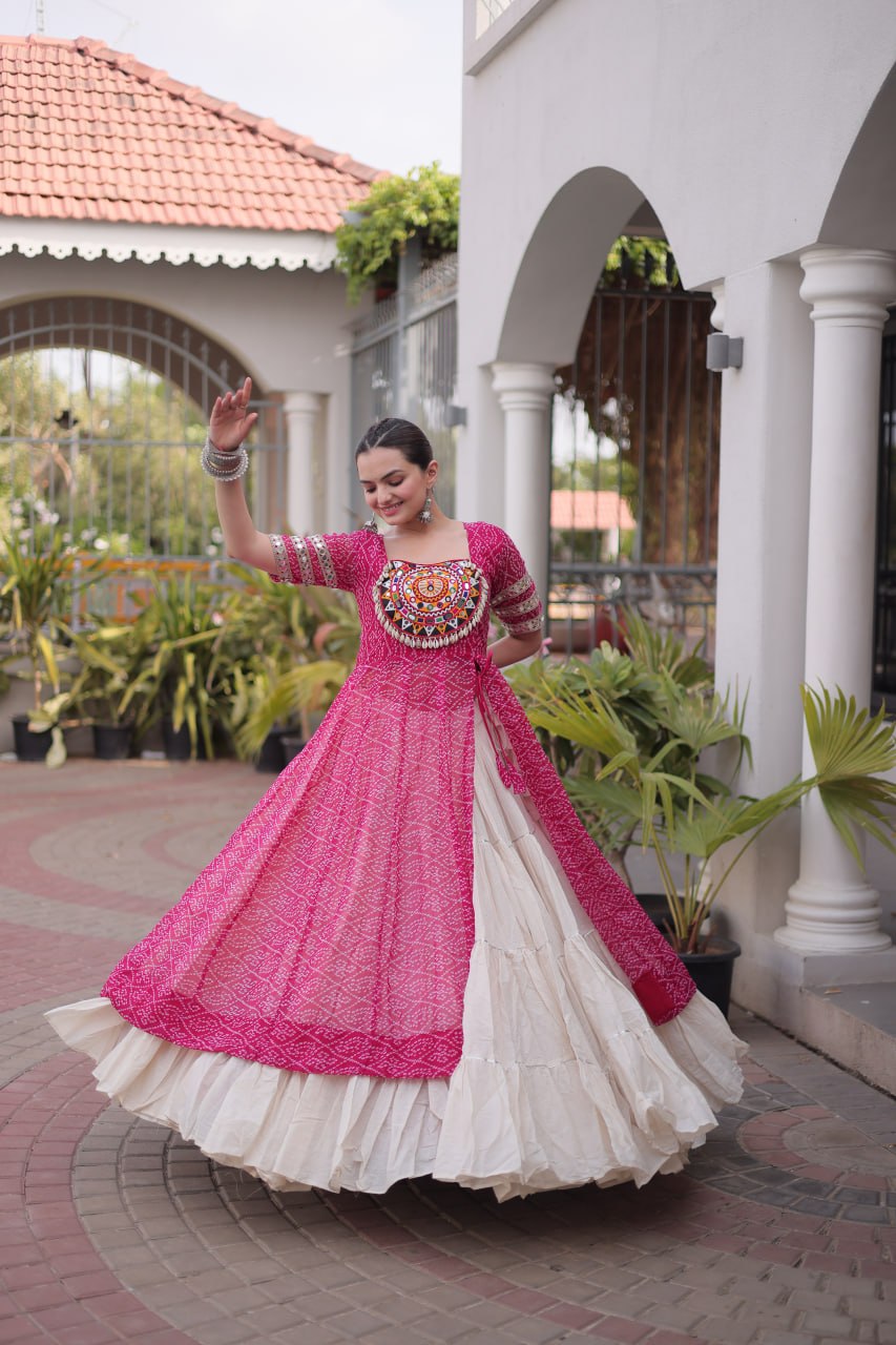 Women’s Designer Bandhani Kurti with Kora Cotton 12 Meter Flared Lehenga – Navratri Special