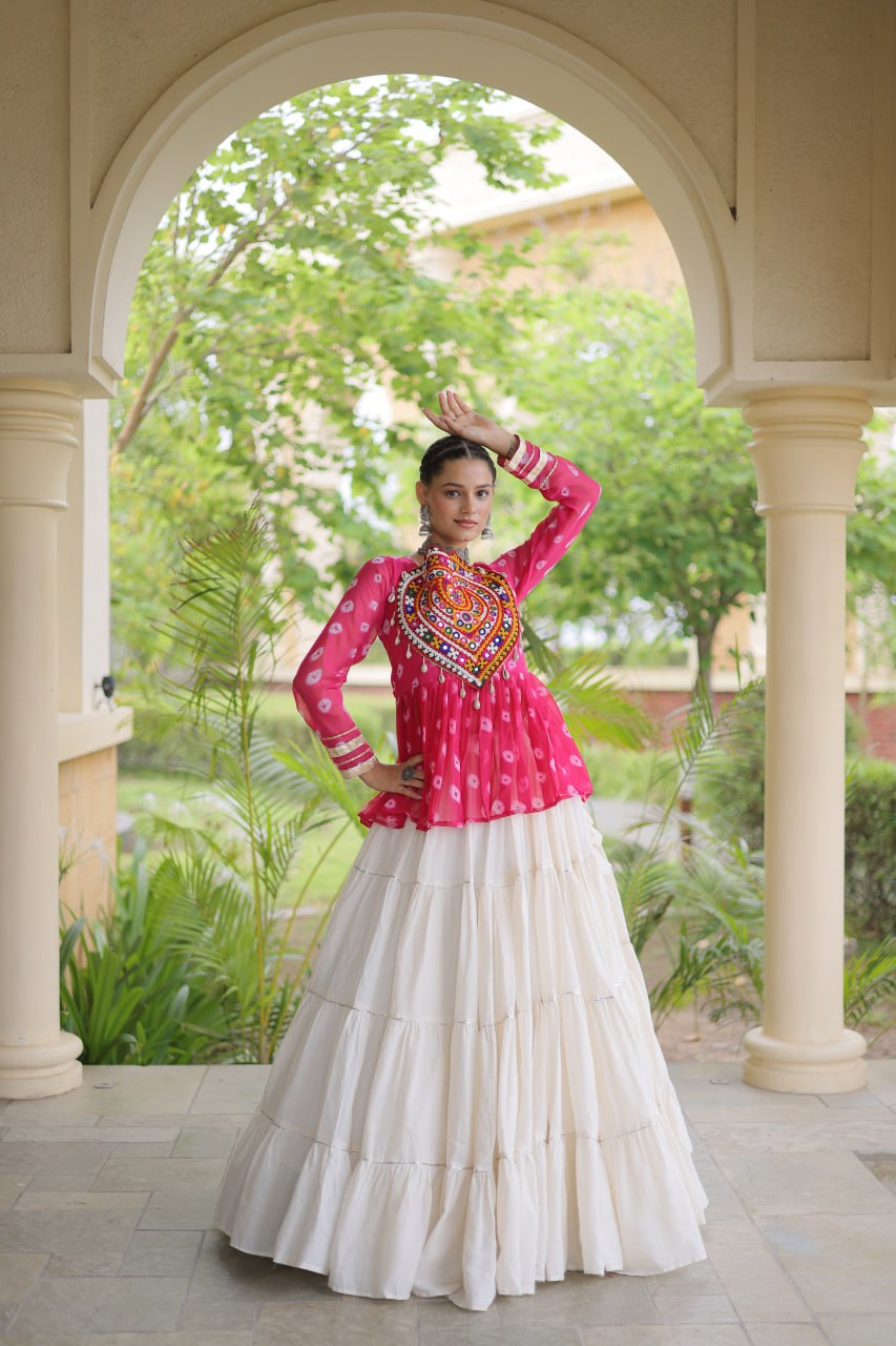Designer Work Printed Chaniya Choli with Flared White Lehenga