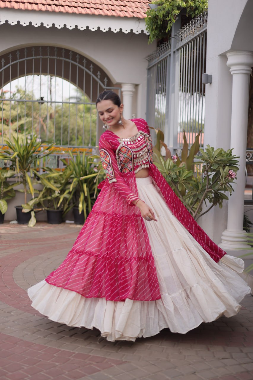 Traditional Kutchi Work Crop Top with Long Shrug and Flared Chaniya Lehenga for Garba & Dandiya