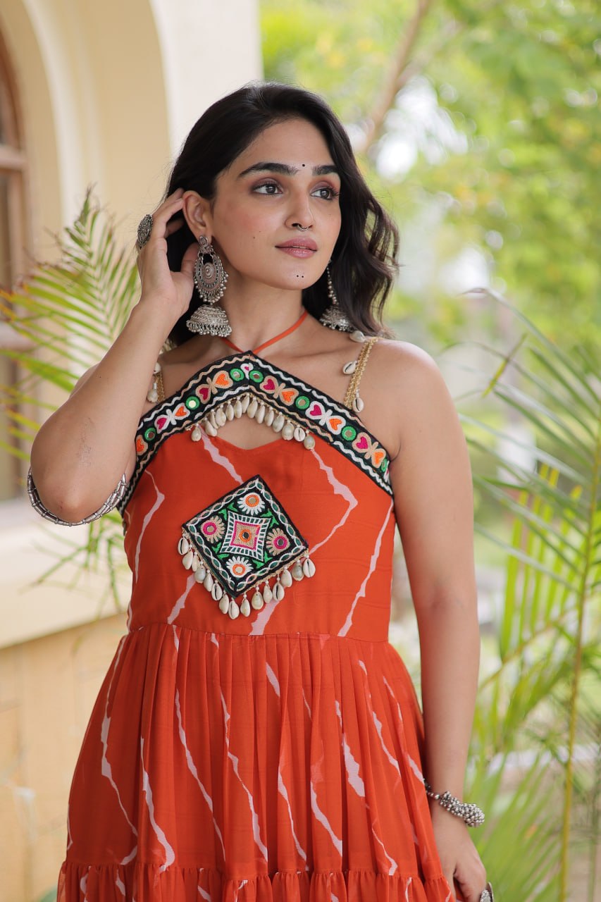 Women’s Navratri Special Bandhani Gown with Traditional Kutchi Work, Embroidered Bodice & Heavy Flared Skirt