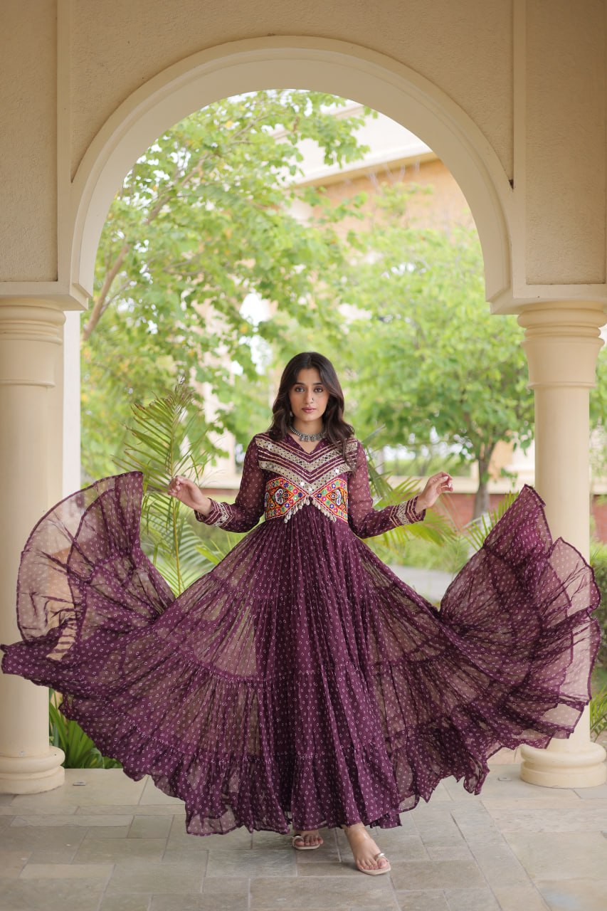 Navratri Special Bandhani Kutchi Work Gown – Heavy Flare