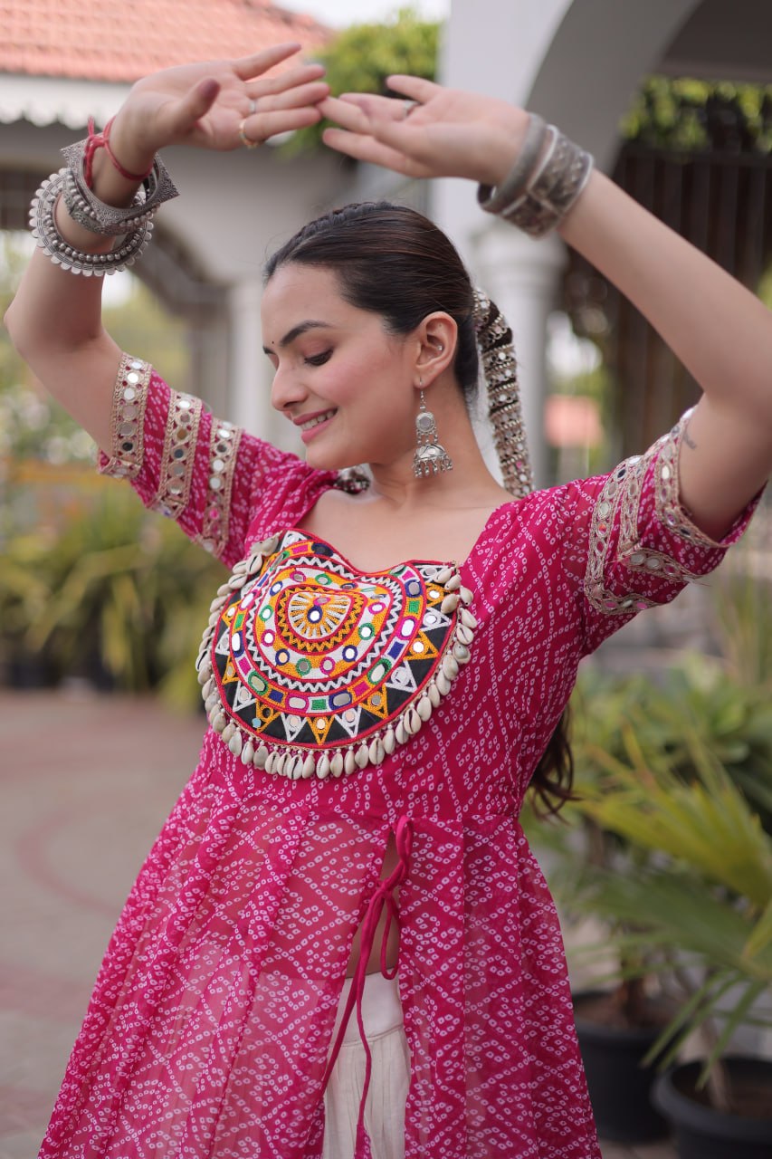 Women’s Designer Bandhani Kurti with Kora Cotton 12 Meter Flared Lehenga – Navratri Special