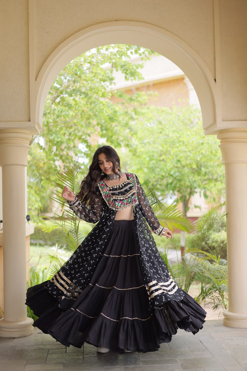 Festive Gujarati Bandhani Lehenga Choli with Traditional Kutchi Patchwork