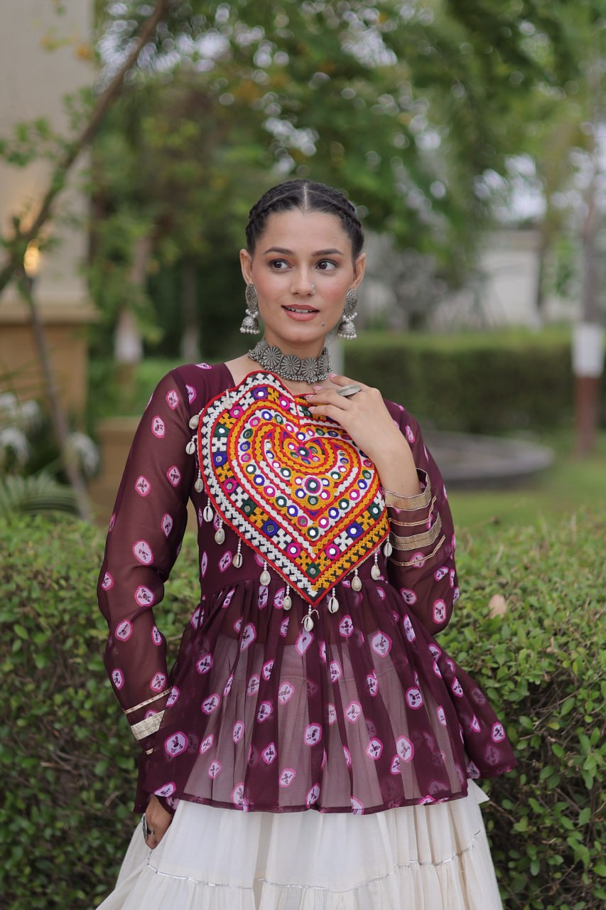 Designer Work Printed Chaniya Choli with Flared White Lehenga