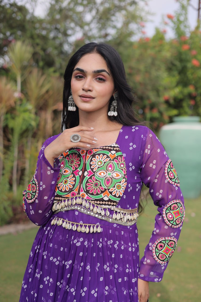 Women’s Navratri Special Designer Gown with Traditional Kutchi Work, Bandhani Print & Flared Silhouette