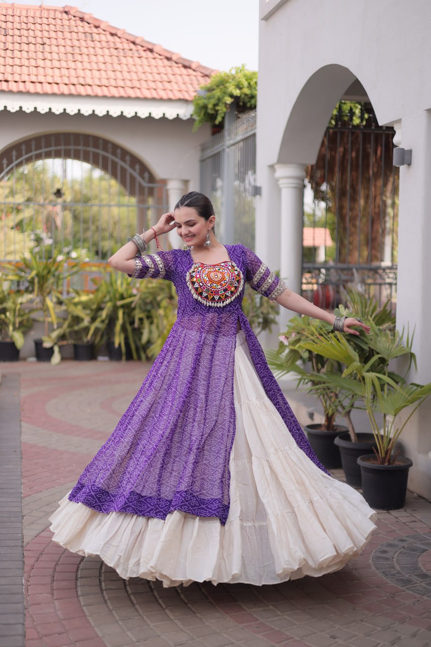 Women’s Designer Bandhani Kurti with Kora Cotton 12 Meter Flared Lehenga – Navratri Special