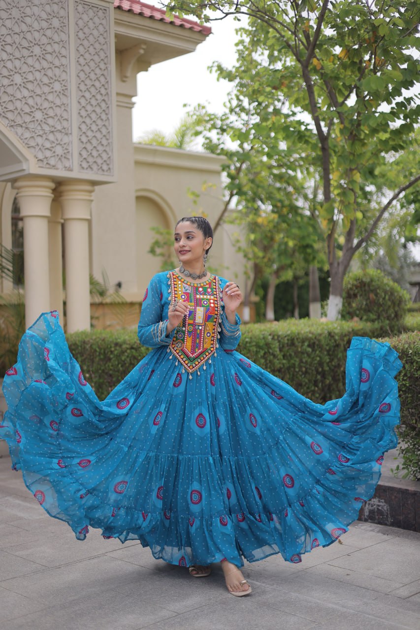 Women’s Navratri Special Bandhani Print Gown with Kutchi Patchwork – 12 Meter Flared Faux Georgette Gown