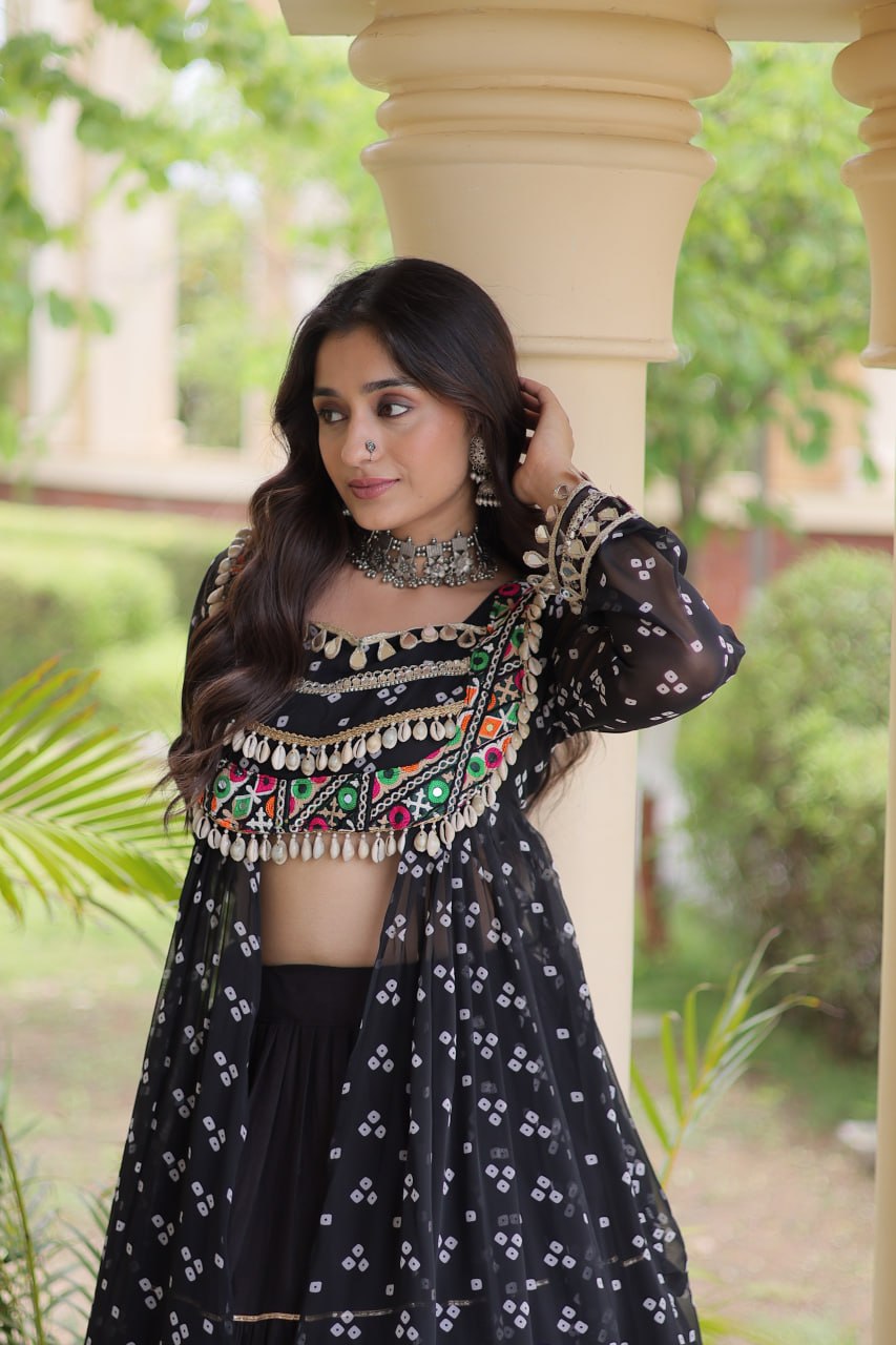 Festive Gujarati Bandhani Lehenga Choli with Traditional Kutchi Patchwork